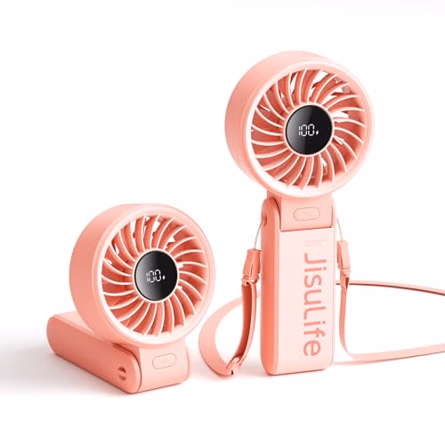 JISULIFE Ventilateur portable, ventilateur portable avec écran LED [refroidissement maximum 19,5 heures] 5000 mAh, plié à 150 °, 5 vitesses, lanière ; Éventail 3-EN-1 Main/Bureau/Cou - Rose