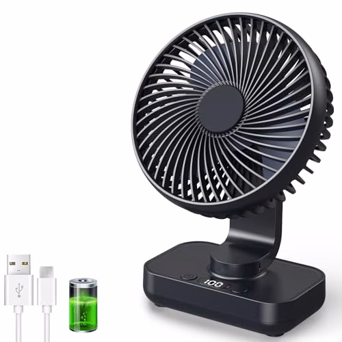 Ventilateur de table USB avec oscillation automatique, batterie 4500 mAh rechargeable, silencieux, 4 vitesses, écran numérique, charge rapide, portable pour maison, bureau, chambre, extérieur (Noir)